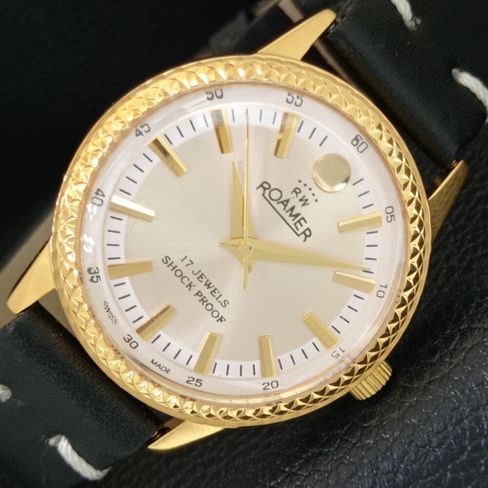 Vintage 1987 Roamer Manual Mens Gold Watch W/Leather Strap & Silver accents